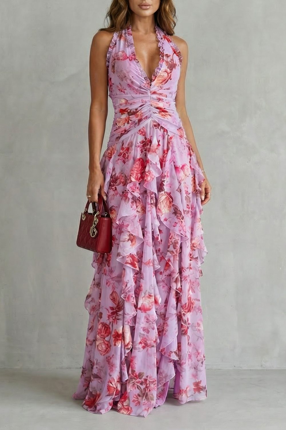 kait ruffled halter maxi dress NWT Kate Spade halter cover up maxi dress open back pink & black floral  ruffles