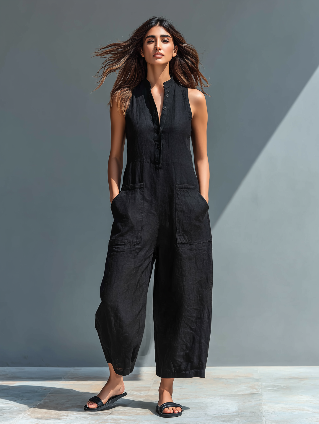 nina | linen blend sleeveless jumpsuit